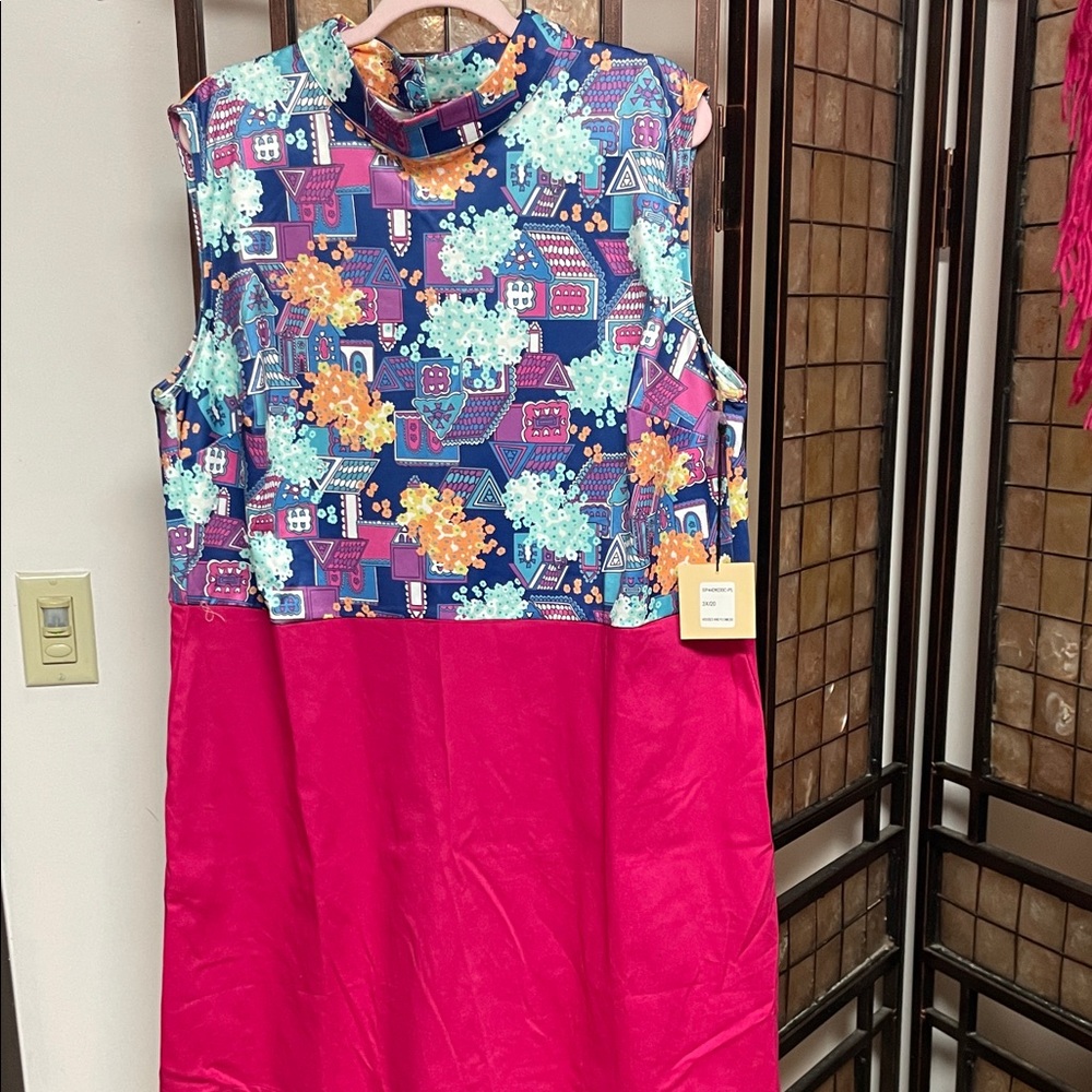 Vibrant Pink and Blue Patterned Midi Dress